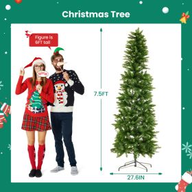 Pencil Christmas Tree, Prelighted Artificial Slim Christmas Trees With 250 Incandescent Lights, 571 Branch Tips & Foldable Base (Option: Green 7.5FT)