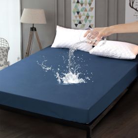 1pc Blue Waterproof Fitted Sheet, Solid Color Brushed Fitted Sheet, Soft Bedding (Color: dark blue, size: QUEEN)