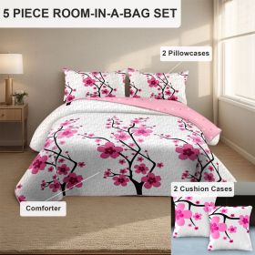 5-Piece Pink Cherry Blossom Bedding Set (Queen/King/Cal King) - Microfiber Quilt + Pillow Shams (Color: pink mei flower, size: CAL KING)
