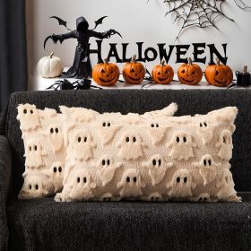 Halloween Pillow Covers 12x20 inch Set of 2 Beige Ghost Throw Pillow Cases Soft Plush Faux Fur Wool Couch Cushion Case for Chair Sofa Bedroom Liv (Color: Beige  20" x 12" (Pack of 2))