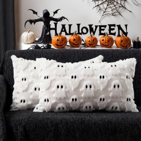 Halloween Pillow Covers 12x20 inch Set of 2 Beige Ghost Throw Pillow Cases Soft Plush Faux Fur Wool Couch Cushion Case for Chair Sofa Bedroom Liv (Color: White Black  20" x 12" (Pack of 2))