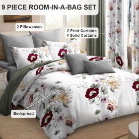 9-Piece Sage Green Watercolor Floral Bedding & Curtain Set (Queen/King/Cal King) - Quilted Microfiber Bedspread + Sheer Curtains (Color: Green/White Flowers, size: KING)